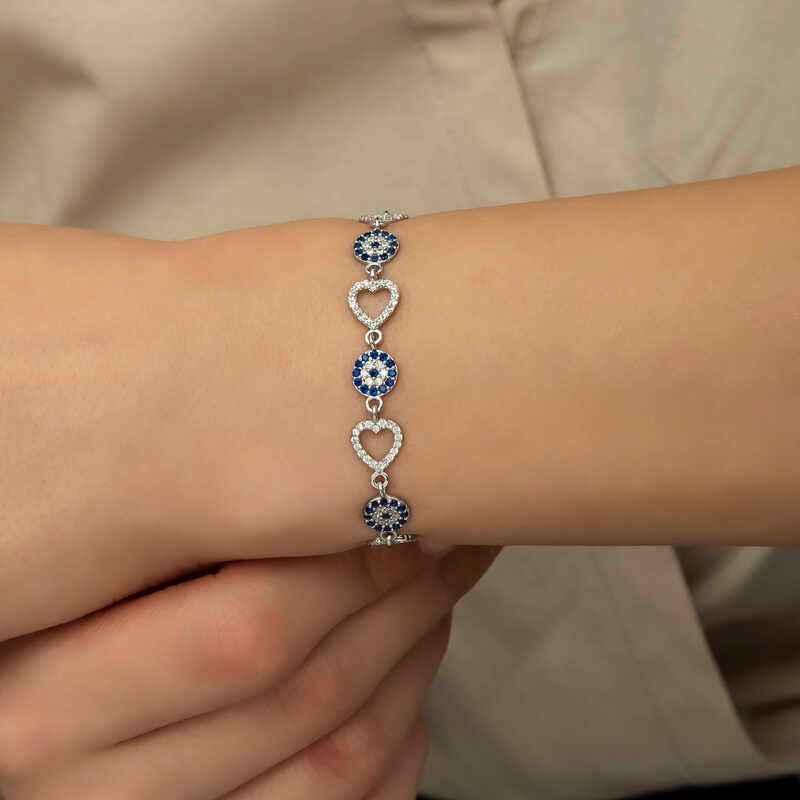 Heart-Shaped Evil Eye Women's Silver Bracelet