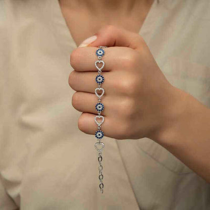 Heart-Shaped Evil Eye Women's Silver Bracelet