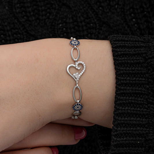 Heart Shaped Evil Eye Women's Silver Bracelet