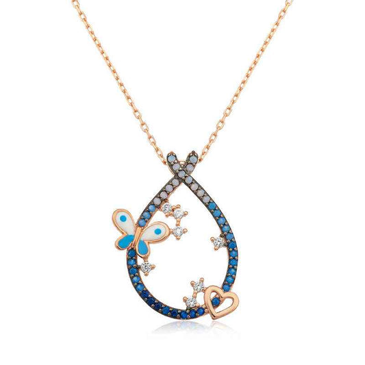 Heart and Butterfly Drop Women's Silver Necklace