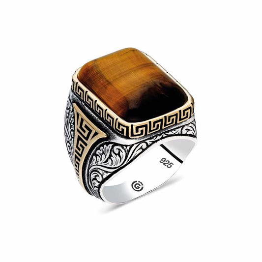 Square Tiger's Eye Stone Men's Silver Ring