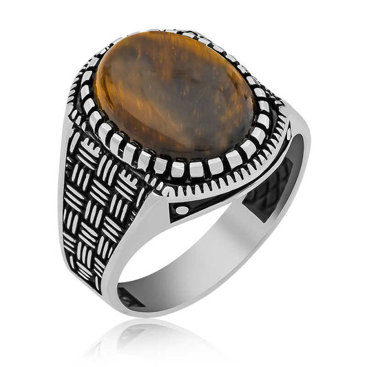 Tigerauge-Stein-Strickmuster-Herren-Silberring