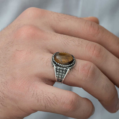 Tigerauge-Stein-Strickmuster-Herren-Silberring
