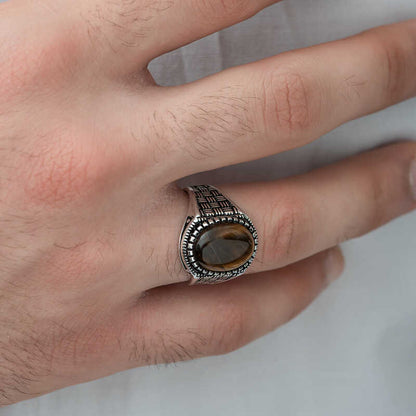 Tigerauge-Stein-Strickmuster-Herren-Silberring