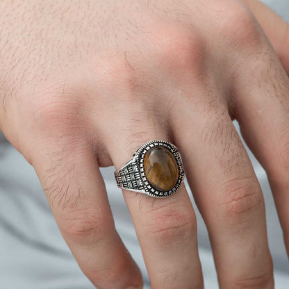 Tigerauge-Stein-Strickmuster-Herren-Silberring