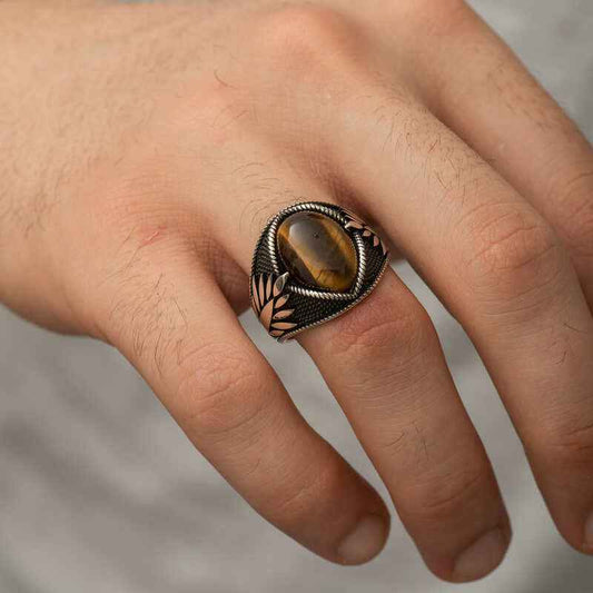 Tiger's Eye Stone Embellished Men's Silver Ring