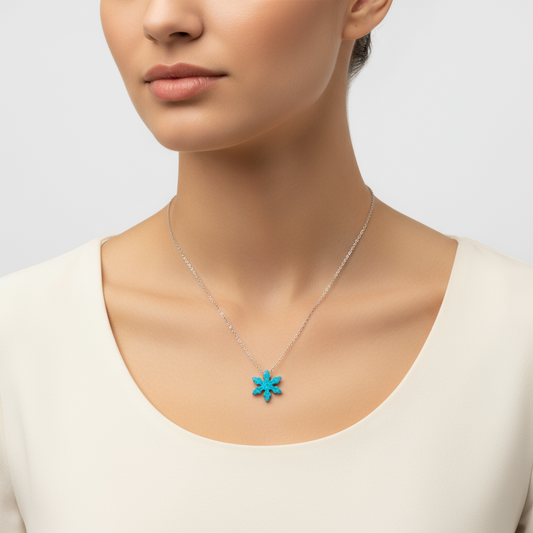 Blue Opal Stone Snowflake Women's Silver Necklace