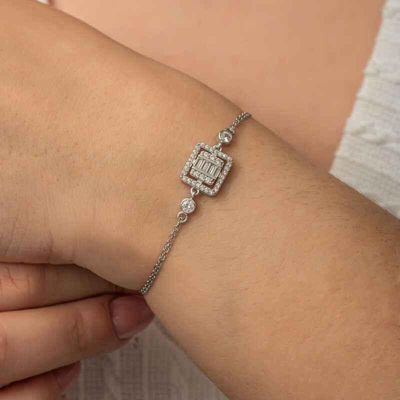 Square Baguette Stone Women's Silver Bracelet