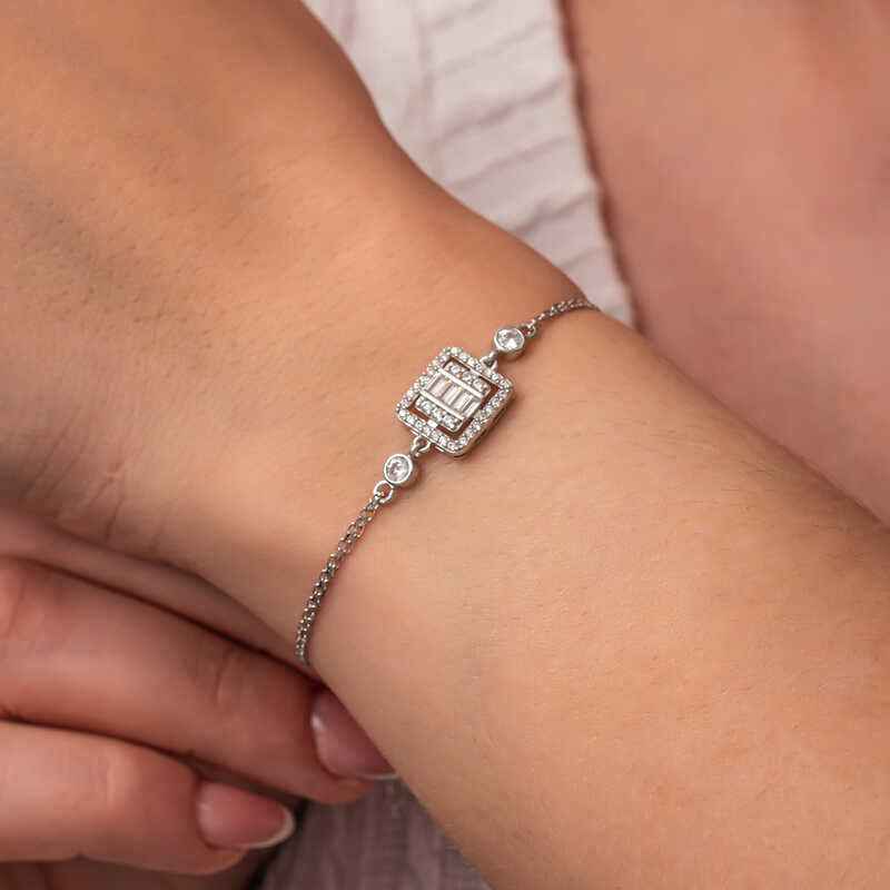 Square Baguette Stone Women's Silver Bracelet