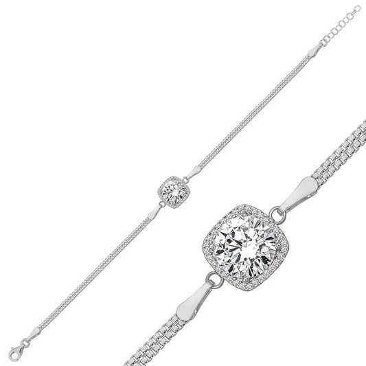 Square Mount White Stone Women's Silver Bracelet