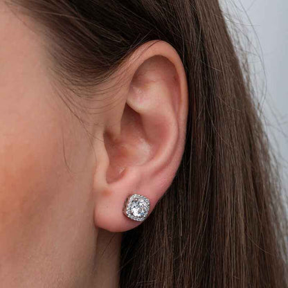 Square Mount Diamond Stud Model Women's Silver Earrings
