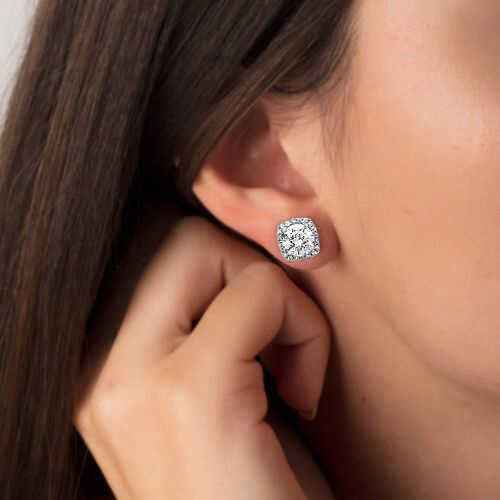 Square Setting Diamond Model Silver Earrings
