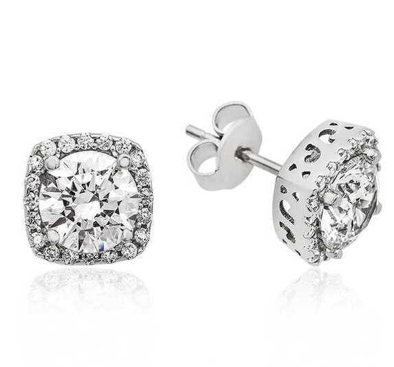Square Setting Diamond Model Silver Earrings