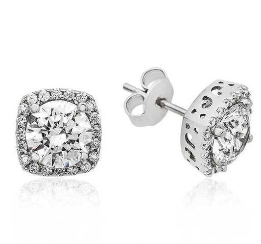 Square Setting Diamond Model Silver Earrings