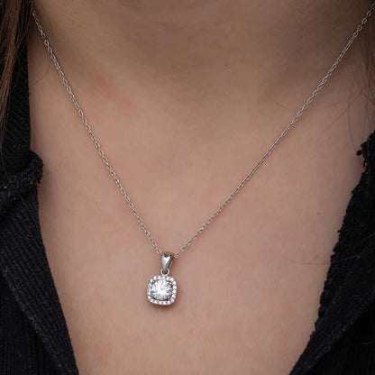 Square Mount Single Stone Women's Silver Necklace