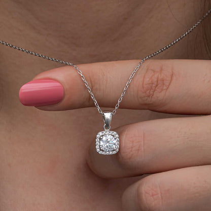 Square Mount Single Stone Women's Silver Necklace