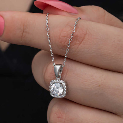 Square Mount Single Stone Women's Silver Necklace