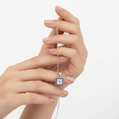 Quadratische Evil Eye Damen Silber Halskette