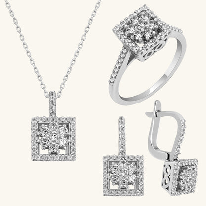 Square Zircon Stone Women's Silver Set