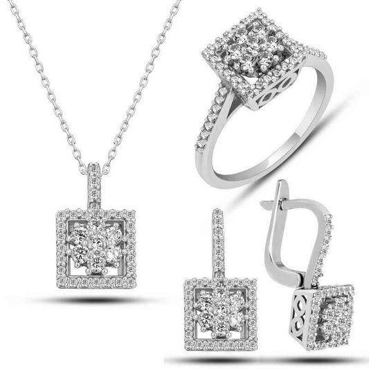 Square Zircon Stone Women's Silver Set