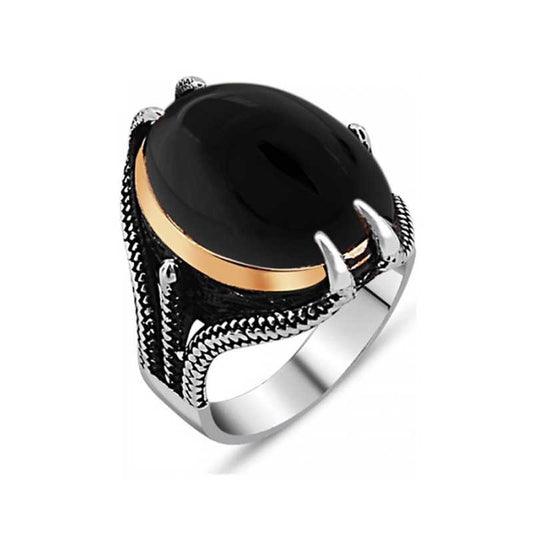 Black Stone Eagle Claw Men's Silver Ring