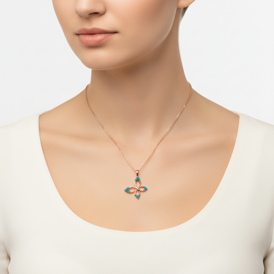 Blue Butterfly Women's Rose Gold Plated Silver Necklace