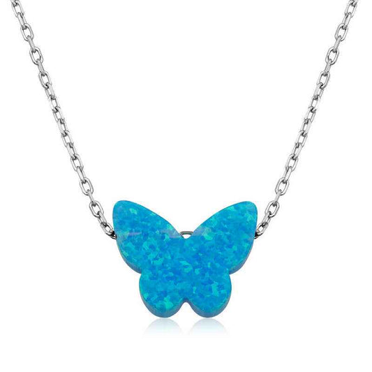Blue Opal Stone Butterfly Women's Silver Necklace