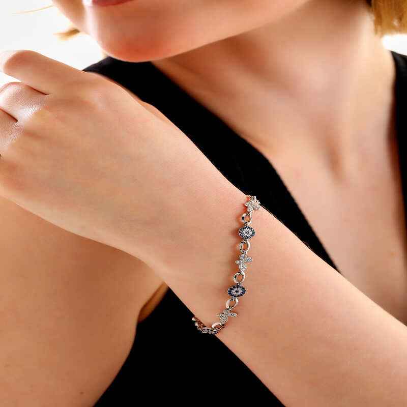 Butterfly Evil Eye Women's Silver Bracelet