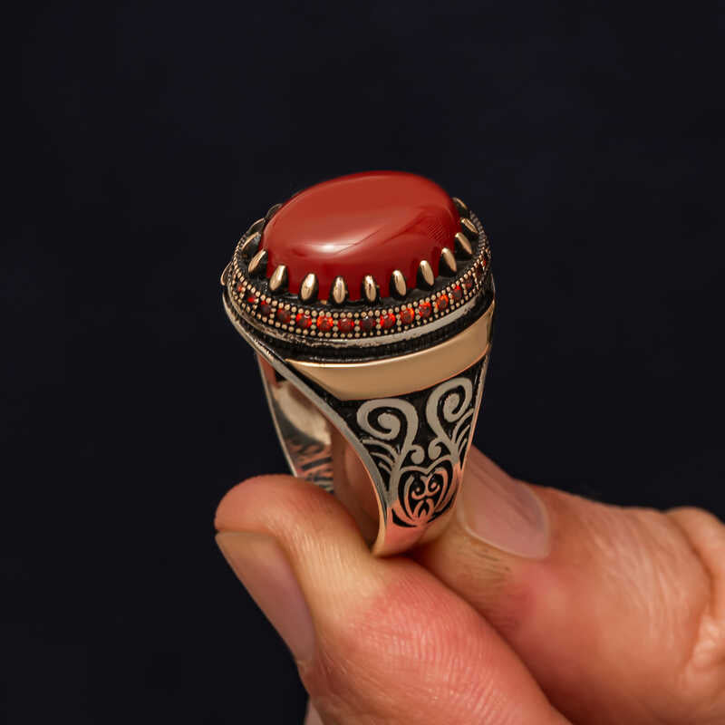 Red Agate Stone Patterned Men's Silver Ring
