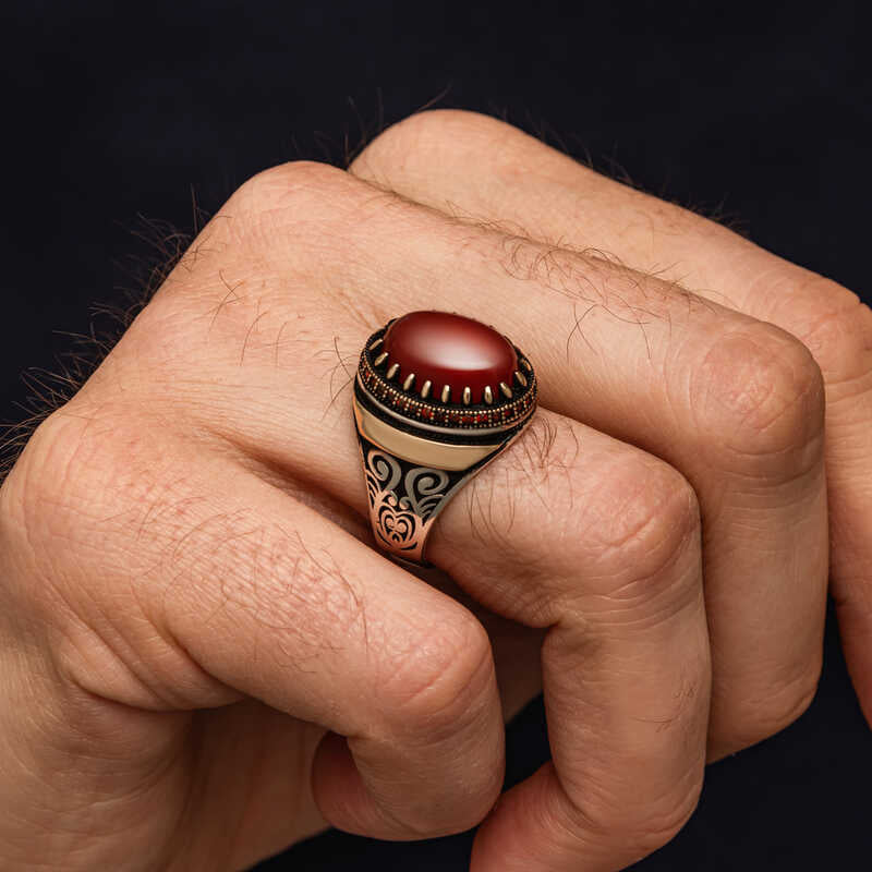 Red Agate Stone Patterned Men's Silver Ring