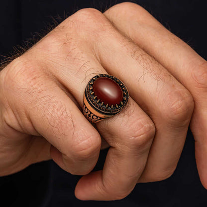 Red Agate Stone Patterned Men's Silver Ring