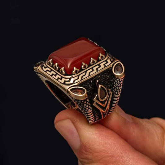 Red Agate Stone Men's Silver Ring