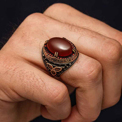Red Agate Stone Men's Silver Ring