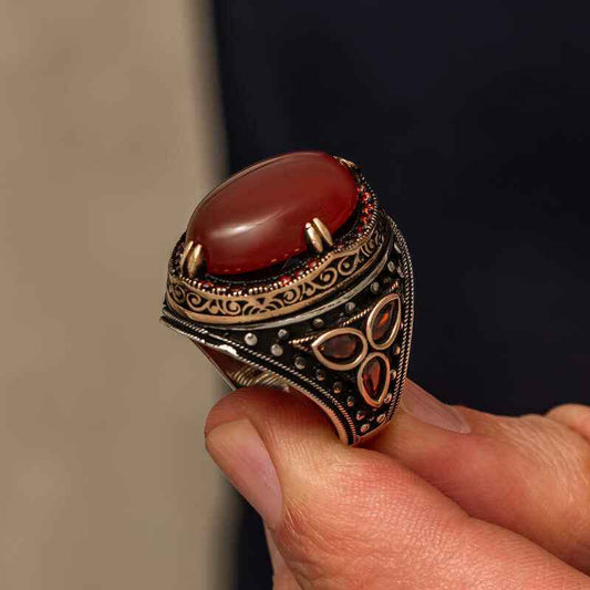 Red Agate Stone Men's Silver Ring