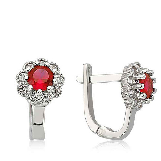 Red Flower Pattern Round J Women's Silver Earring