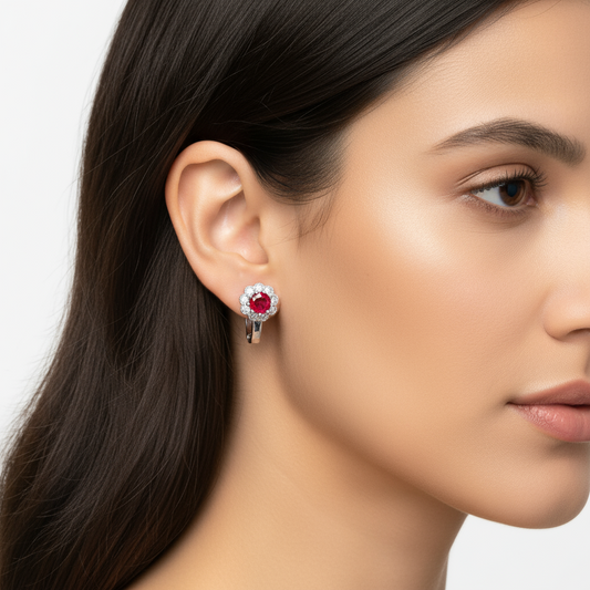 Boucle d'oreille ronde en argent pour femme, motif fleur rouge, forme J