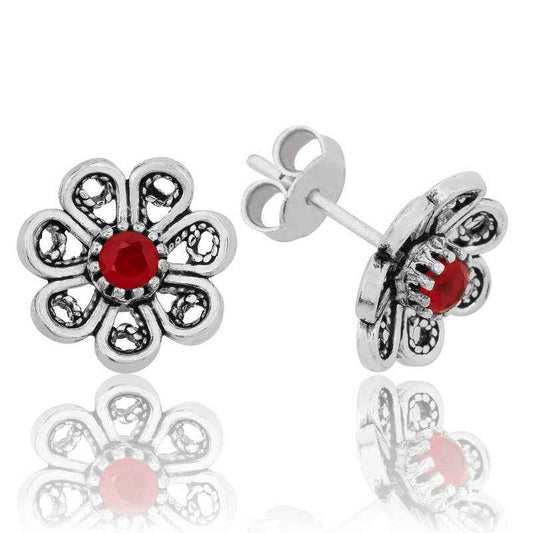 Red Filigree Flower Stud Silver Earrings
