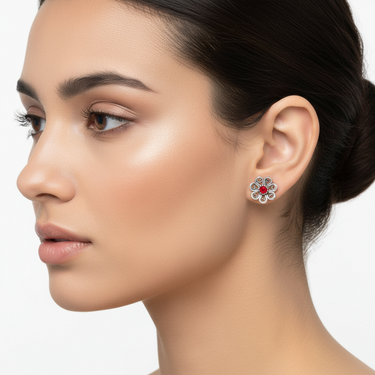 Boucles d'oreilles à tige en argent avec fleur en filigrane rouge