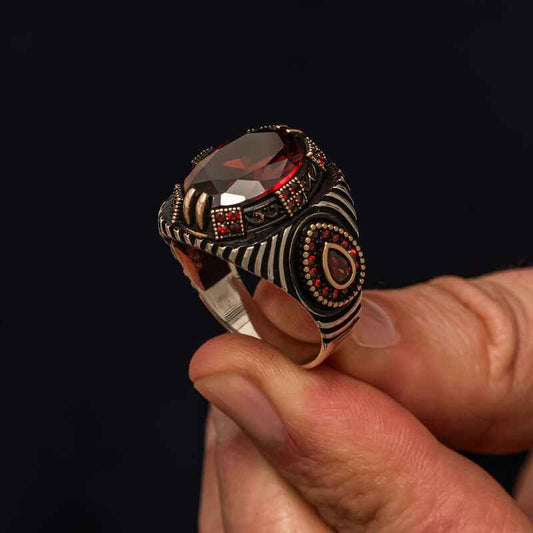 Red Faceted Stone Men's Silver Ring