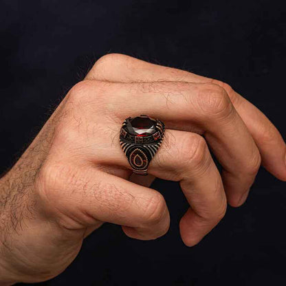 Red Faceted Stone Men's Silver Ring