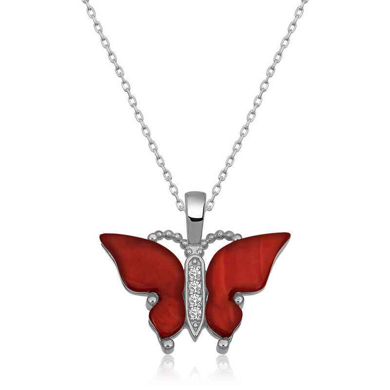 Red Tiger's Eye Stone Butterfly Women's Silver Pendant
