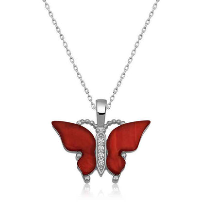 Red Tiger's Eye Stone Butterfly Women's Silver Pendant