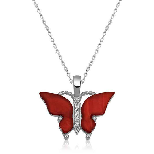 Red Tiger's Eye Stone Butterfly Women's Silver Pendant