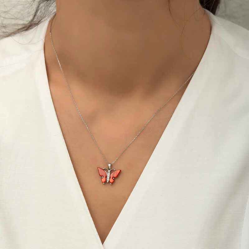 Red Tiger's Eye Stone Butterfly Women's Silver Pendant
