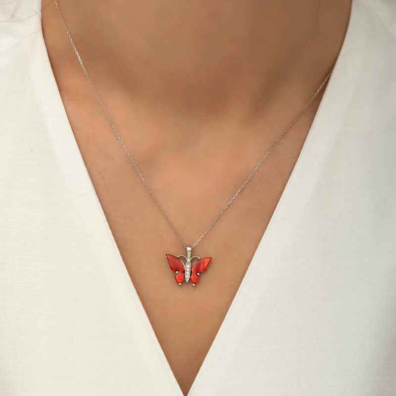 Red Tiger's Eye Stone Butterfly Women's Silver Pendant