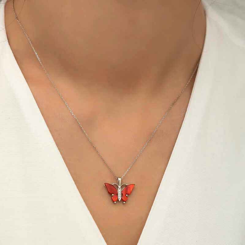 Red Tiger's Eye Stone Butterfly Women's Silver Pendant