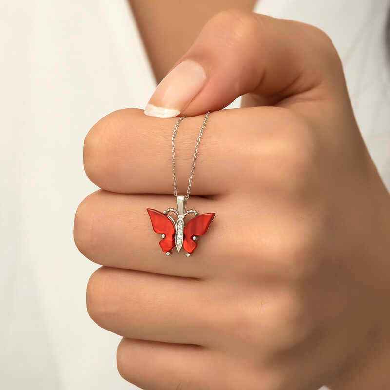 Red Tiger's Eye Stone Butterfly Women's Silver Pendant