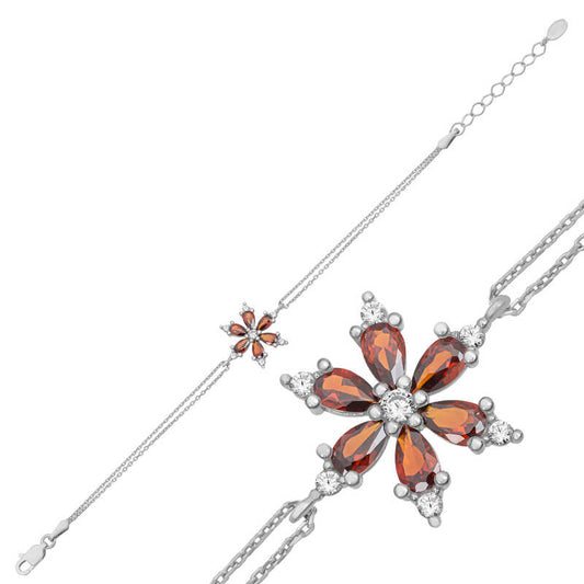 Red Lotus Flower Women's Silver Bracelet