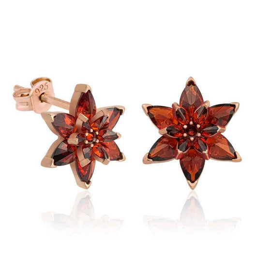 Red Lotus Flower Stud Women's Silver Earrings
