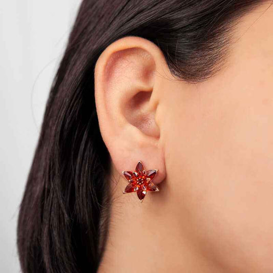 Red Lotus Flower Stud Women's Silver Earrings